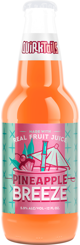 A bottle of QuirkTails Pineapple Breeze flavored beverage. The label shows a tropical design with an image of a pineapple, beach chair, and umbrella, indicating it's made with real fruit juice. The drink has an alcohol content of 5.9% and the bottle volume is 12 fl oz.