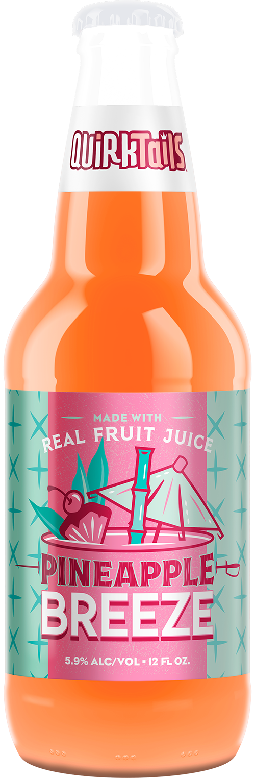 A bottle of QuirkTails Pineapple Breeze flavored beverage. The label shows a tropical design with an image of a pineapple, beach chair, and umbrella, indicating it's made with real fruit juice. The drink has an alcohol content of 5.9% and the bottle volume is 12 fl oz.