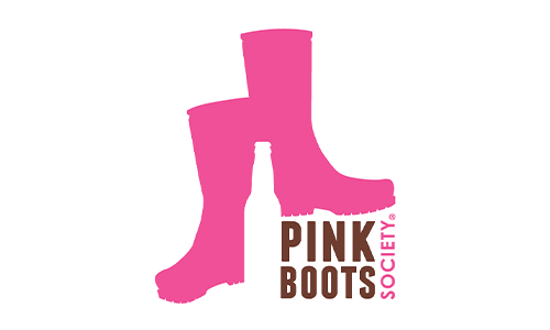 Silhouette of two pink boots with a brown bottle overlapping them. The text reads "Pink Boots Society" in vibrant pink and brown letters. It's all about celebrating a community where passion meets purpose against a crisp white background.