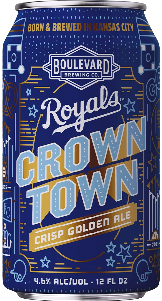 A blue and gold can of Boulevard Brewing Co.'s "Royals Crown Town Crisp Golden Ale." The design includes playful icons like stars and a crown, and the label highlights it is brewed in Kansas City, with 4.6% alcohol by volume.