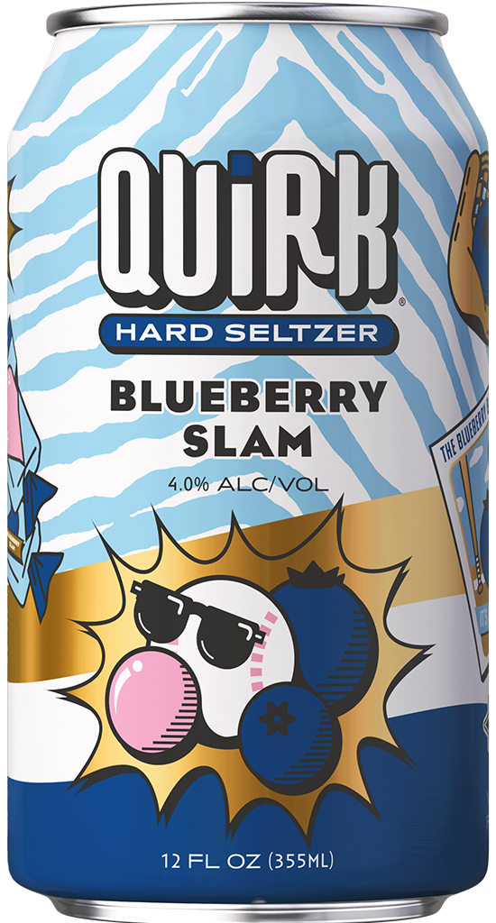 Can of Quirk Hard Seltzer featuring the flavor "Blueberry Slam." The design includes illustrations of sunglasses, a starburst, shoes, and a drink. The can displays "4.0% ALC/VOL" and "12 FL OZ (355 ML)" at the bottom.