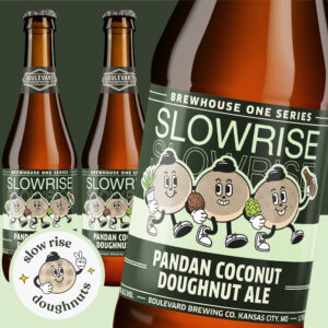 Bottles of Slowrise Pandan Coconut Doughnut Ale feature cartoon doughnuts clutching pandan leaves and coconuts, perfectly capturing the flavor. Labels detail the brewery alongside a smiling doughnut logo, debuted at the release party with Cafe Ollama.