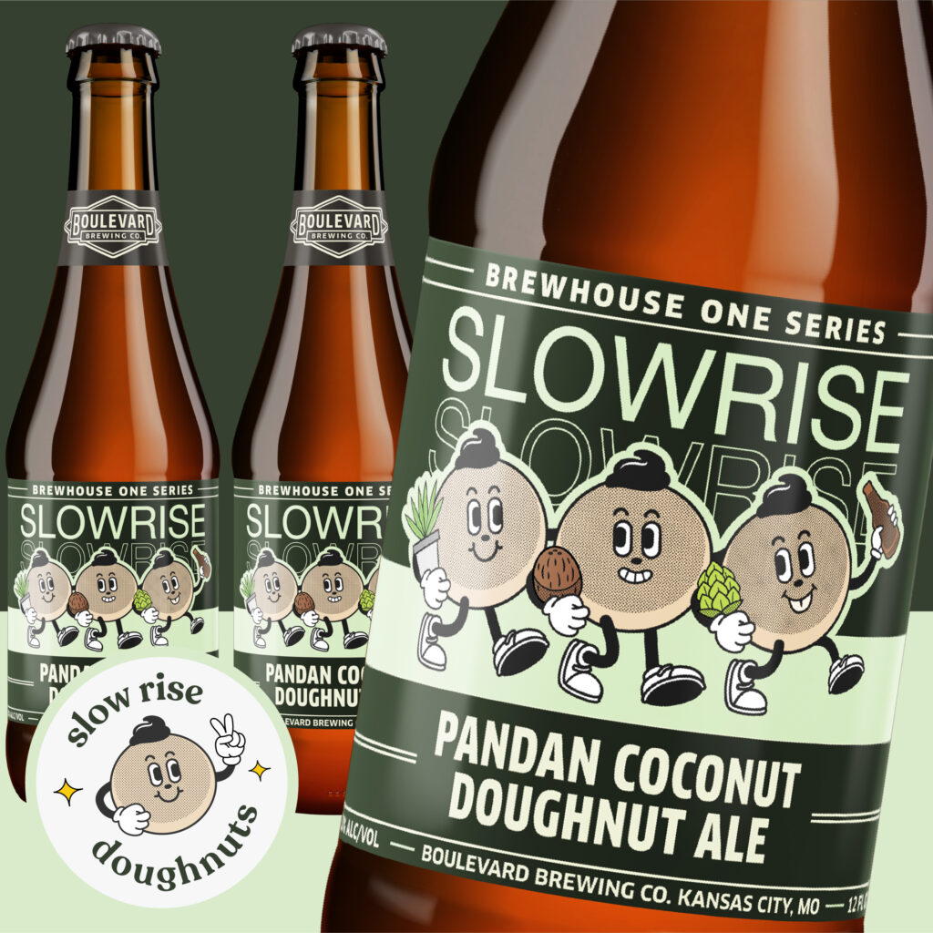 Three bottles of Boulevard Brewing Co.'s Slowrise Pandan Coconut Doughnut Ale, featuring animated coconut characters with smiling faces. The design includes doughnuts and pandan leaves. A round logo with a coconut character says "slow rise doughnuts.