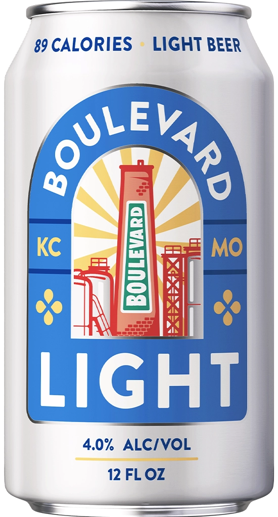 A Boulevard Light beer can featuring a central design with the Boulevard logo and an abstract cityscape, mentioning "KC" and "MO." The can highlights "89 calories," "light beer," and "4.0% alc/vol," containing "12 fl oz.