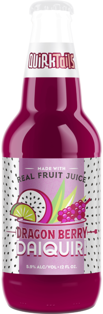 A bottle of Quirktails Dragon Berry Daiquiri. The label features images of a dragon fruit, grapes, and splashes of juice. It states "Made with real fruit juice" and has an alcohol content of 5.9% in a 12 fl. oz. bottle.