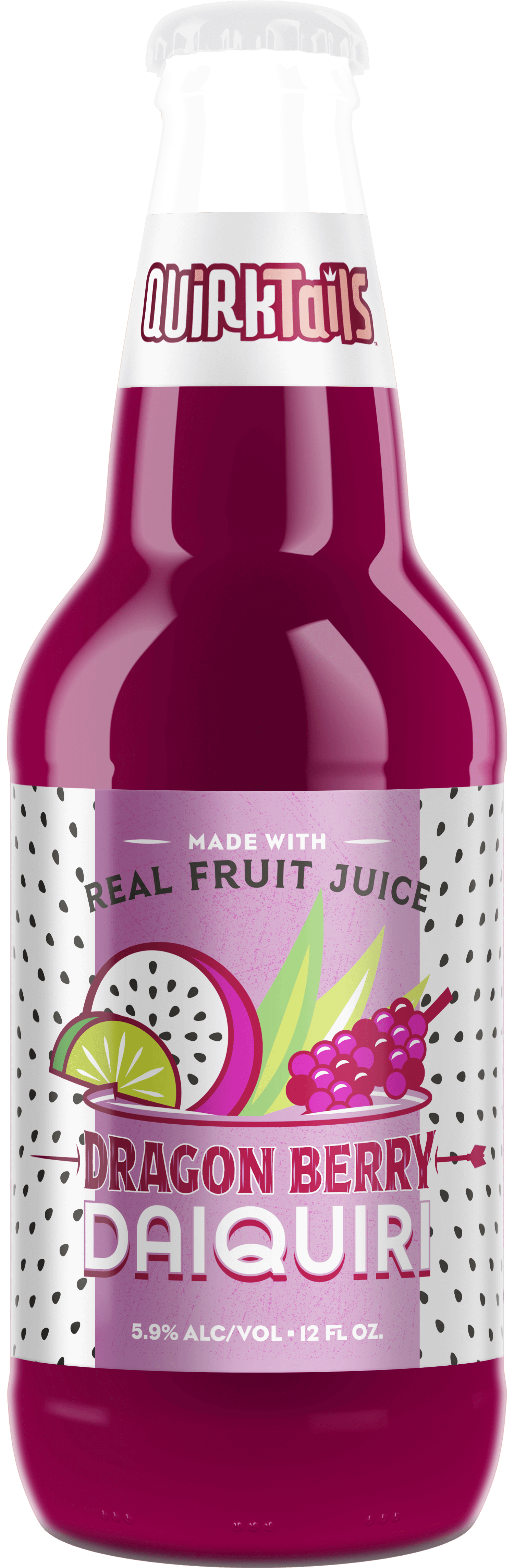 A bottle of Quirktails Dragon Berry Daiquiri. The label features images of a dragon fruit, grapes, and splashes of juice. It states "Made with real fruit juice" and has an alcohol content of 5.9% in a 12 fl. oz. bottle.