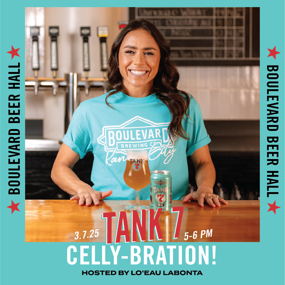 Woman with long brown hair smiles behind a bar counter, wearing a turquoise Boulevard Brewing Co. t-shirt. A beer glass and can of Tank 7 are in front of her. The image promotes a "Celly-bration" event at Boulevard Beer Hall on 3.7.25, from 5-6 PM.