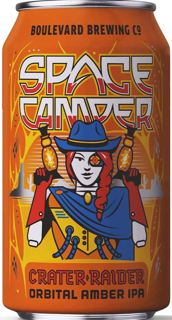 Orange can of Boulevard Brewing Co's "Space Camper: Crater Raider" Orbital Amber IPA. The design features a cowgirl in blue attire with red hair, holding two lanterns, set against a fiery, space-themed background.